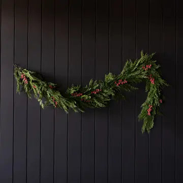 Heritage Frosted Red Berry Norfolk Cypress Garland 6ft - LED Pre Lit - Arriving in Store October