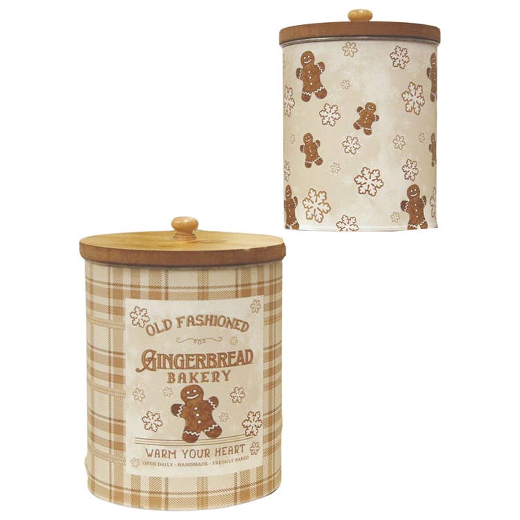 Set of 2 Gingerbread Buckets with Wood Lids