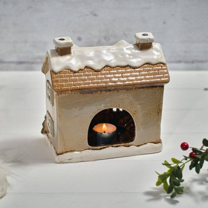 Holly Cottage Stoneware House With Dormer Windows Candle Holder - Arriving in Store September