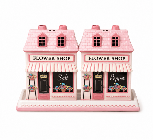 Pink Daisy Flower Shop Cottage  - Salt & Pepper Set - Arriving in Store October