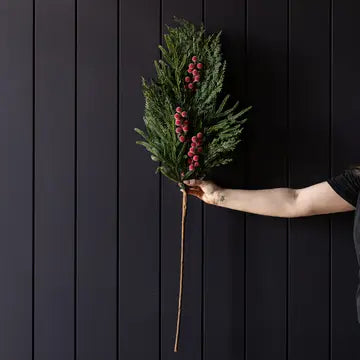 Heritage Frosted Red Berry Norfolk Cypress Stem 42" - LED Pre Lit - Arriving in Store October