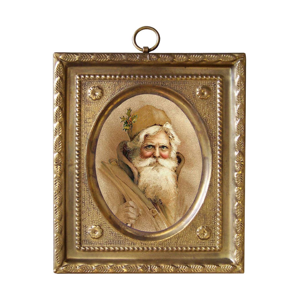 Father Christmas Vintage Print - Embossed Brass Frame, 4-1/2”