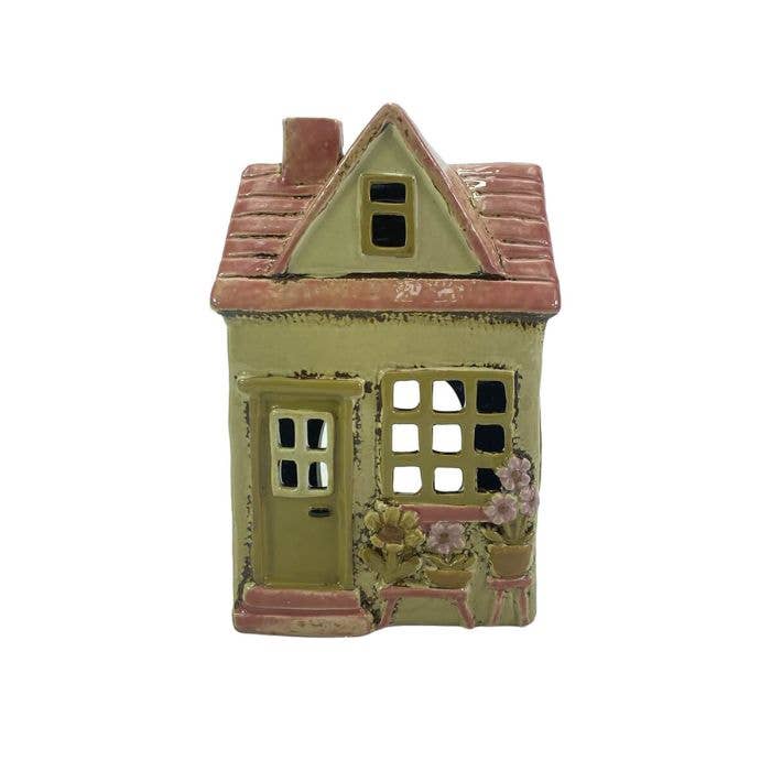 Cosy Chapter Stoneware House Tealight Holder With Pink Dormer Roof And Flowers - Arriving in Store September