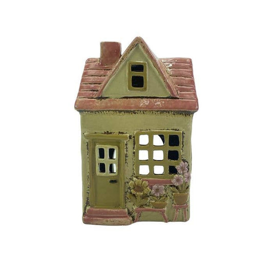 Cosy Chapter Stoneware House Tealight Holder With Pink Dormer Roof And Flowers - Arriving in Store September