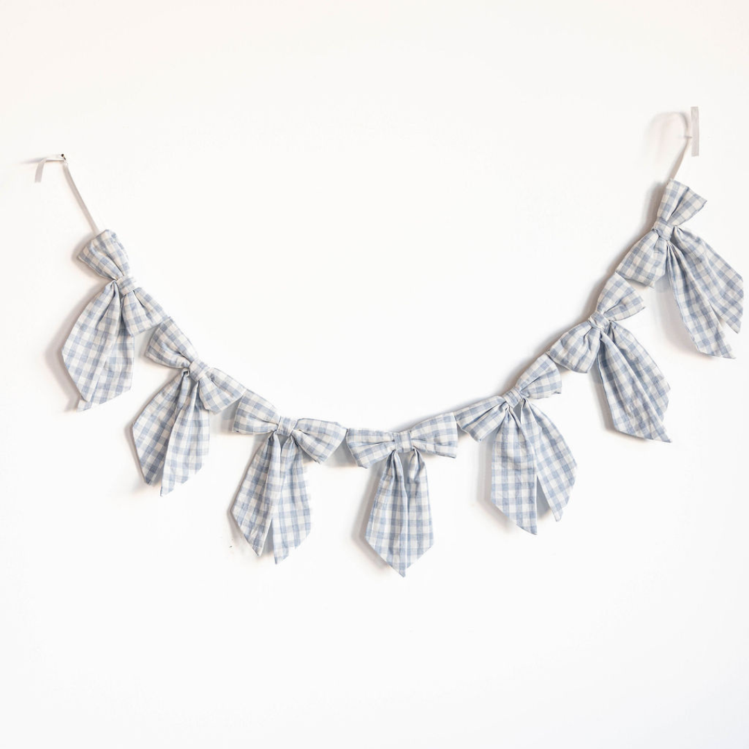 Baby Blue Gingham Fabric Bow arland - Arriving in Store Mid - Late March