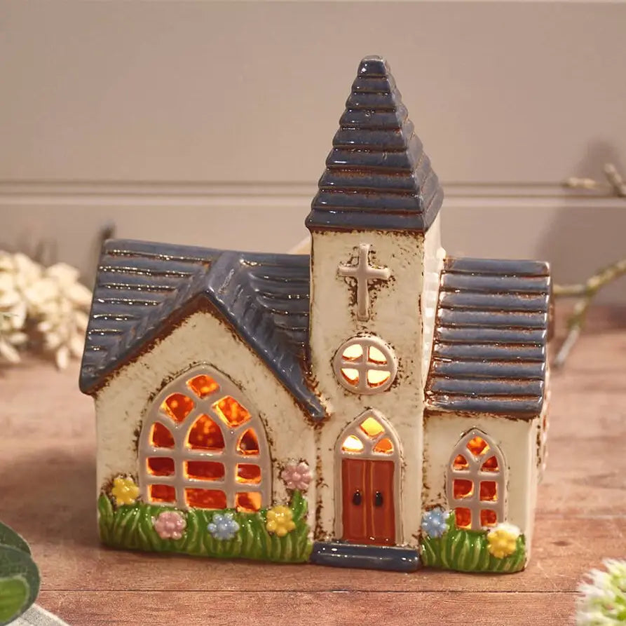 Wedding Stoneware Church with Flowers and Embossed Detail Candle Holder - Arriving in Store July