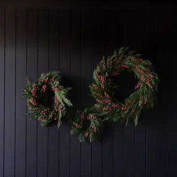 Heritage Frosted Red Berry Norfolk Cypress Wreath 14" - Arriving in Store October