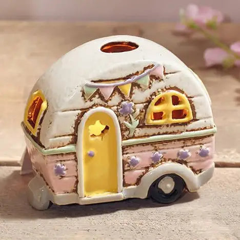 Camping Stoneware Pink Caravan with Embossed Details Candle Holder - Arriving in Store June