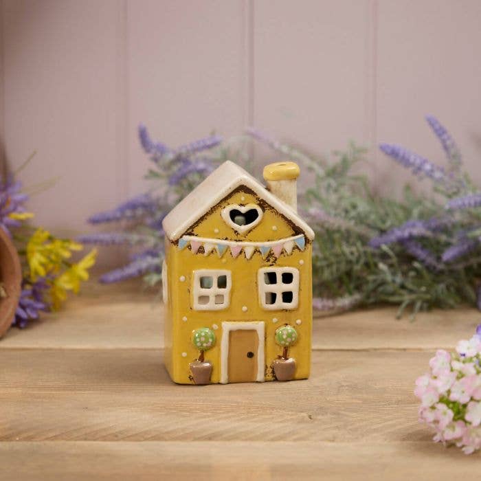 Stoneware Yellow House with Embossed Bunting Tea Light Holder - Mid March Drop