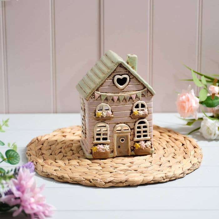 Cottage Garden Stoneware House Candle Holder with Bunting - Arriving in Store Mid-April