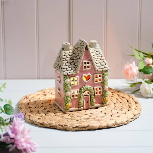 Stoneware Cottage House Candle Holder With Rose Garland - Arriving in Store Mid-April