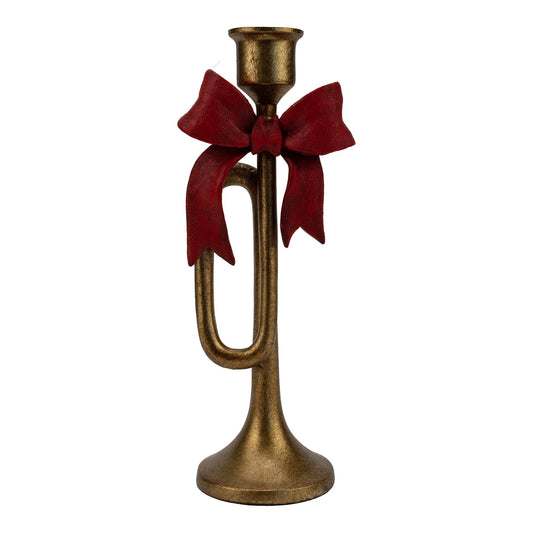 Gold Trumpet Red Bow Candle Holder - 26cm - Arriving in Store October 2026