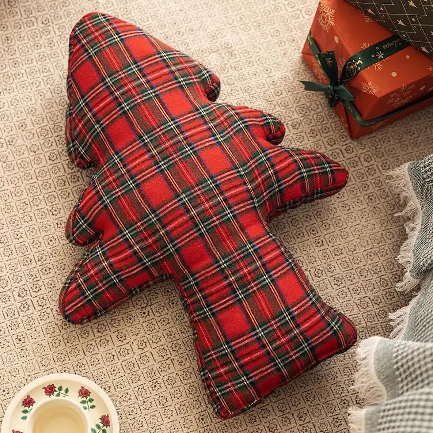 Red Tartan Plaid Christmas Tree Shaped Filled Pillow - Arriving in Store September