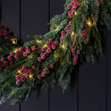 Heritage Frosted Red Berry Norfolk Cypress Wreath 24" - LED Pre Lit - Arriving in Store October