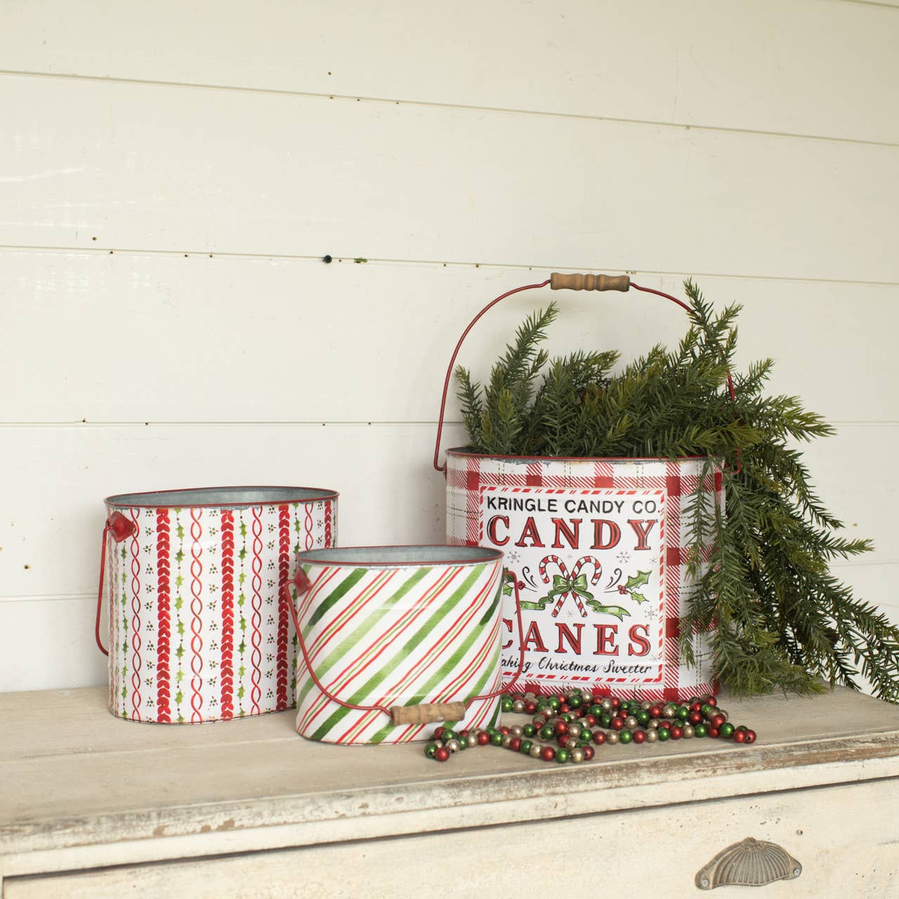 SET/ 3 CANDY CANE BUCKETS