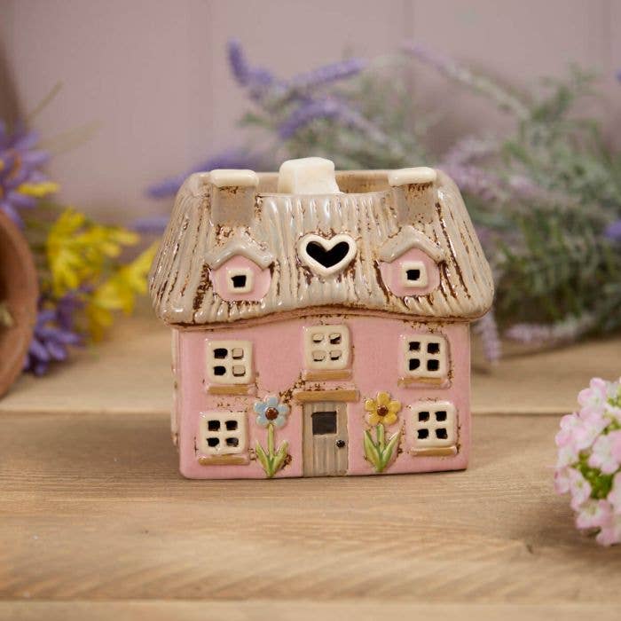 Village Pottery Wax Melt Burner Pink Thatched Cottage with Embossed Flowers - Arriving in Store Mid-May