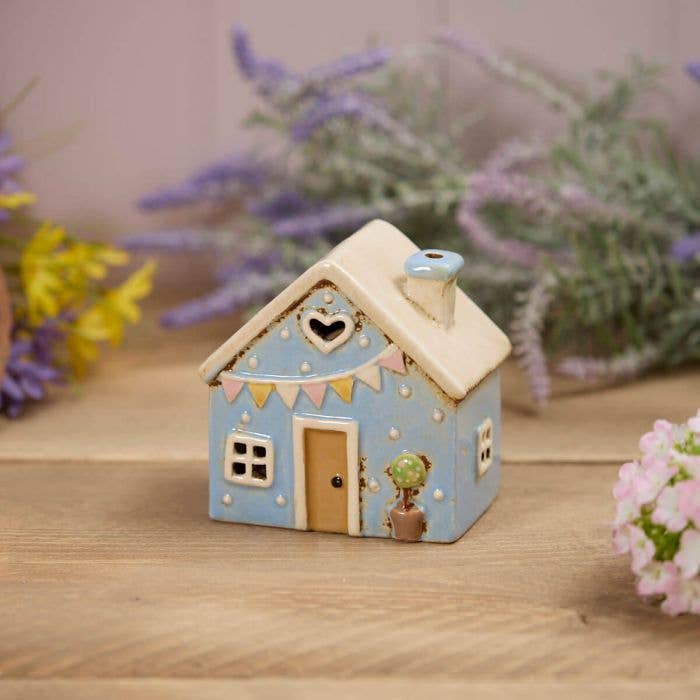 Stoneware Blue House with Embossed Bunting Tea Light Holder - Mid March Drop
