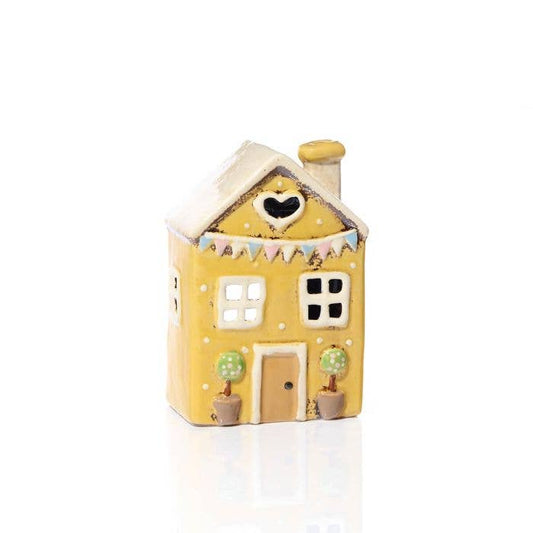 Stoneware Yellow House with Embossed Bunting Tea Light Holder - Mid March Drop