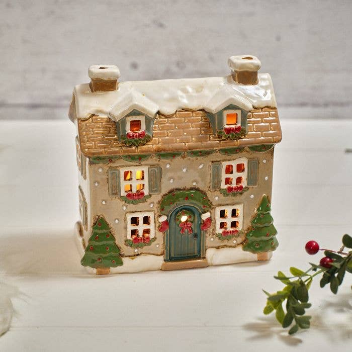 Holly Cottage Stoneware House With Dormer Windows Candle Holder - Arriving in Store September