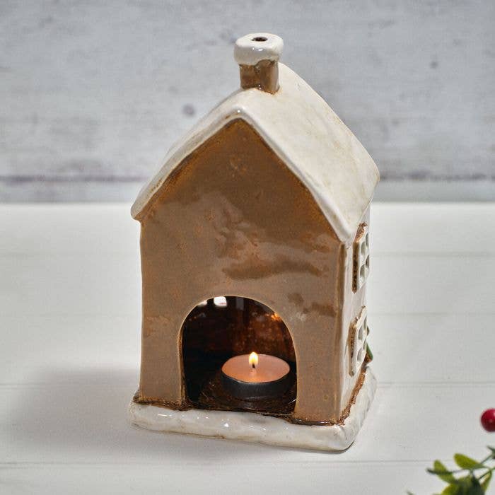 Holly Cottage Stoneware House With Wreath And Bows Candle Holder - Arriving in Store September