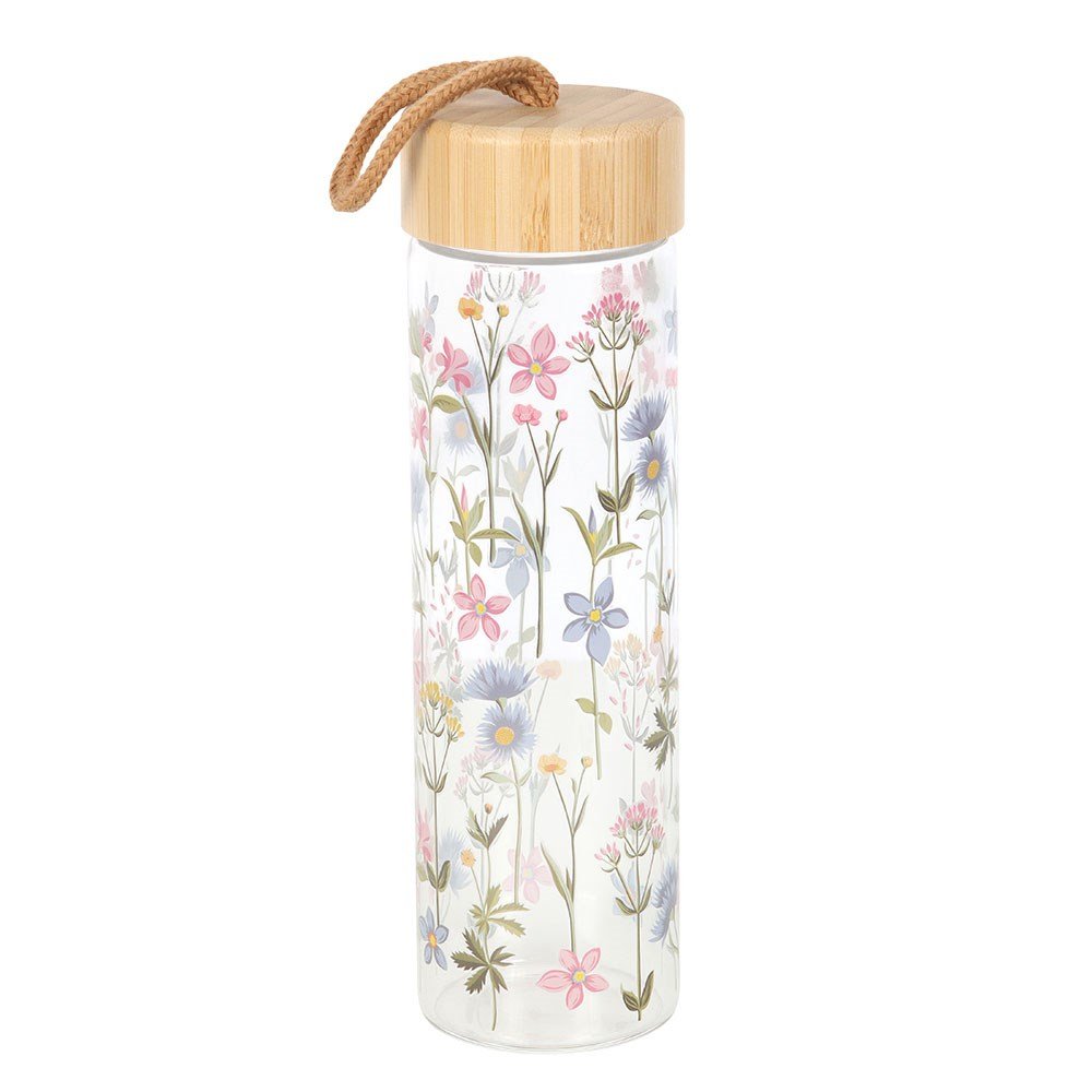 Blooming Lovely Floral Print Glass Water Bottle With Bamboo Lid