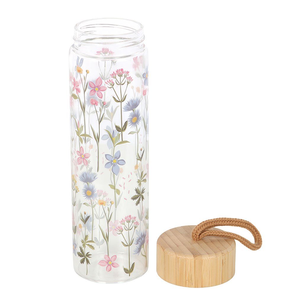 Blooming Lovely Floral Print Glass Water Bottle With Bamboo Lid