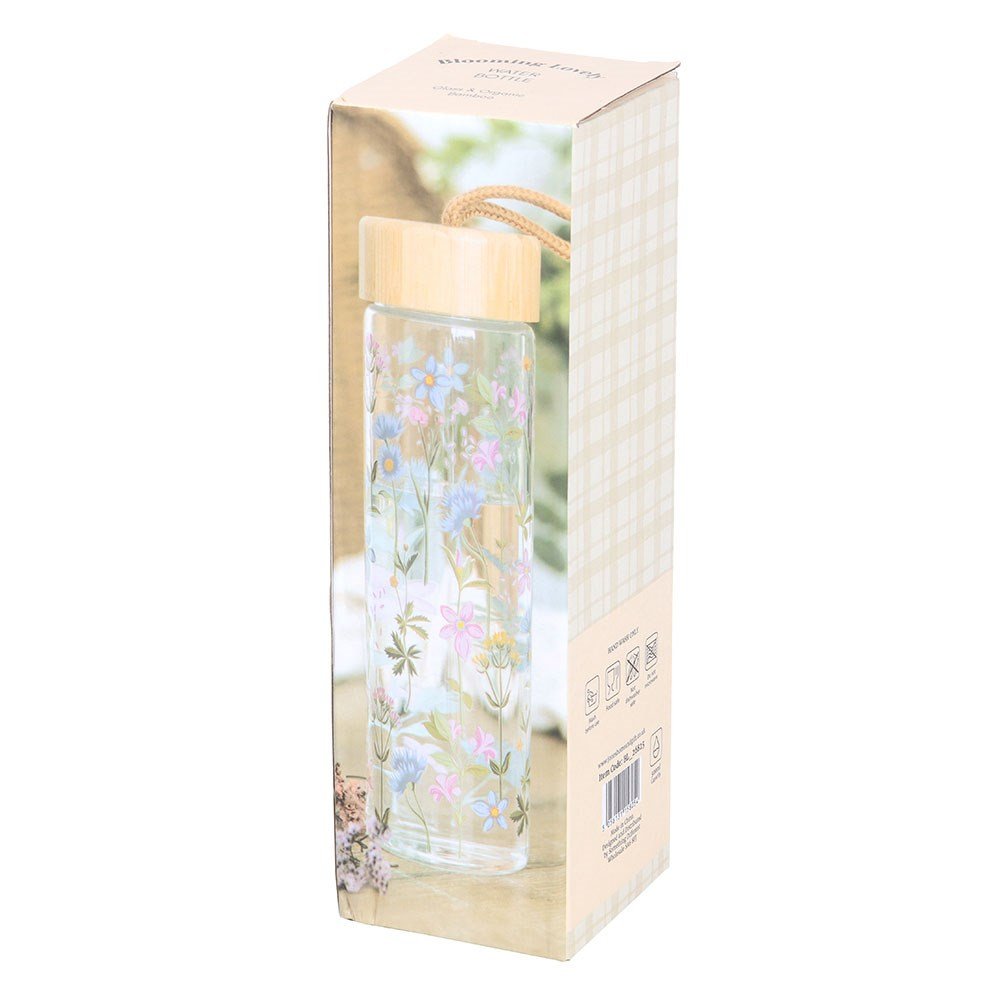 Blooming Lovely Floral Print Glass Water Bottle With Bamboo Lid