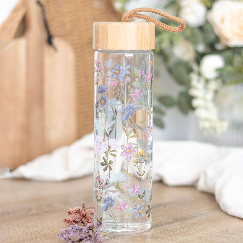 Blooming Lovely Floral Print Glass Water Bottle With Bamboo Lid