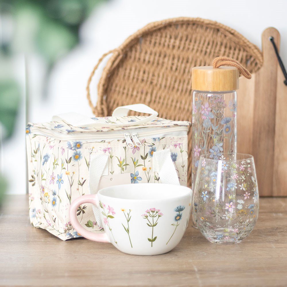 Blooming Lovely Floral Print Glass Water Bottle With Bamboo Lid