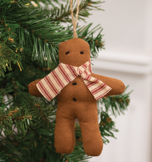 Gingerbread with Ticking Stripe Scarf Fabric Ornament - Early December Drop