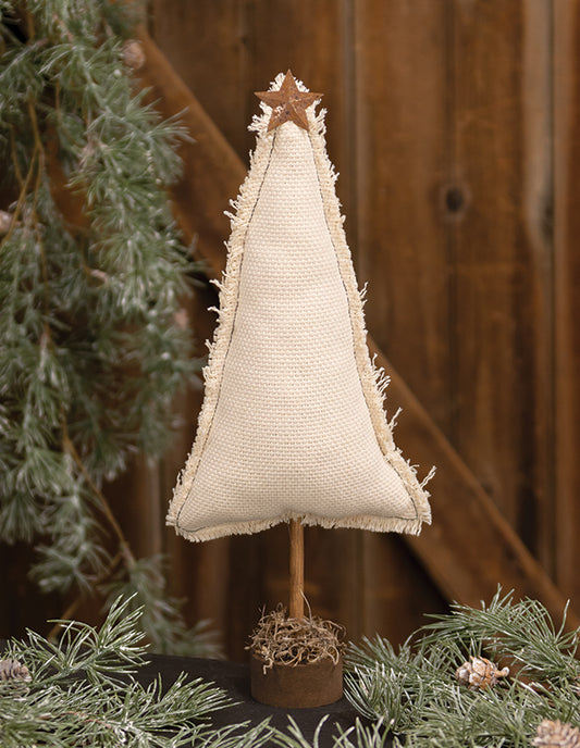 Fringed Stuffed Ivory Canvas Christmas Tree on Base, 14.5" - July Drop