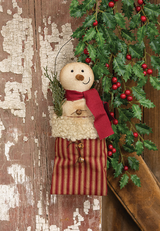 Stuffed Jingle Snowman with Pine In Ticking Stripe Sack Hanger - September Drop