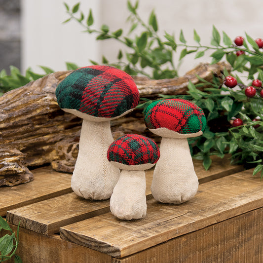 3 Set - Stuffed Red & Green Plaid Mushroom Sitters - September Drop