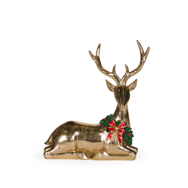 Sitting Gold Reindeer with Bow Garland 23cm - Arriving in Store October