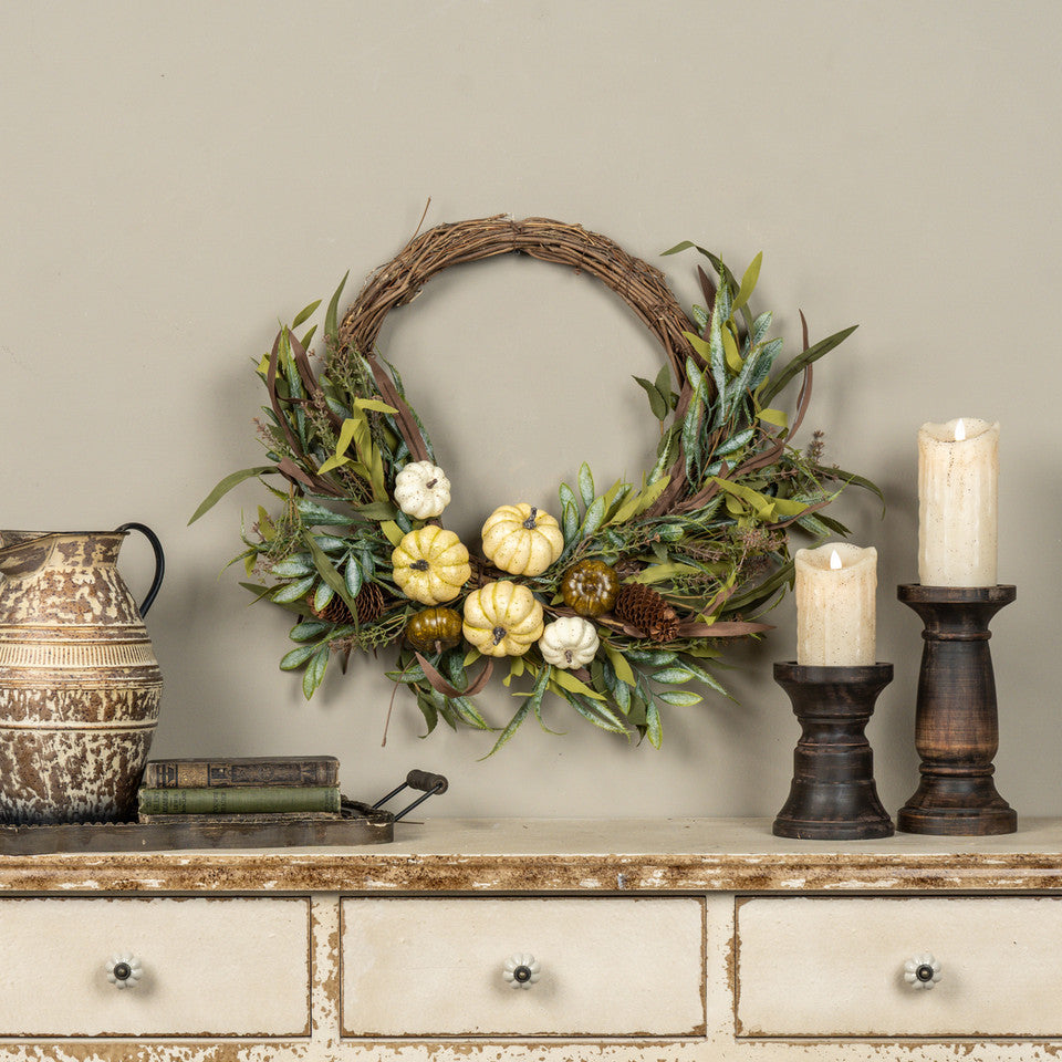 28" White Pumpkin & Foliage Wreath - Arriving in Store September