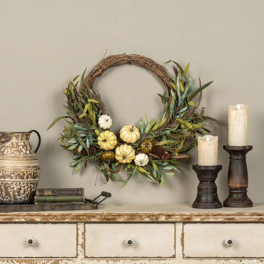 28" White Pumpkin & Foliage Wreath - Arriving in Store September