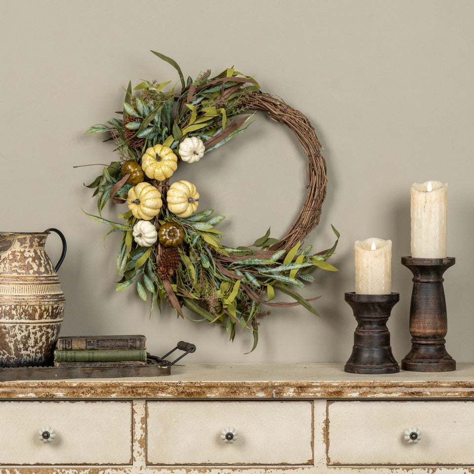 28" White Pumpkin & Foliage Wreath - Arriving in Store September