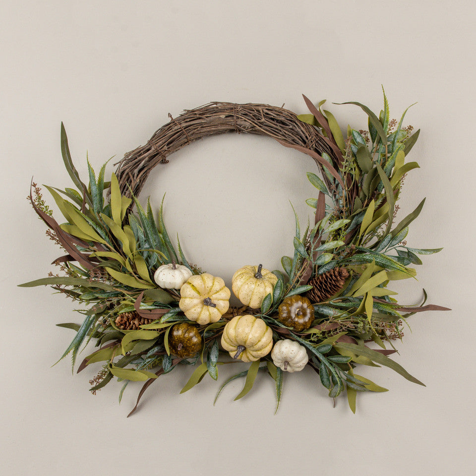 28" White Pumpkin & Foliage Wreath - Arriving in Store September