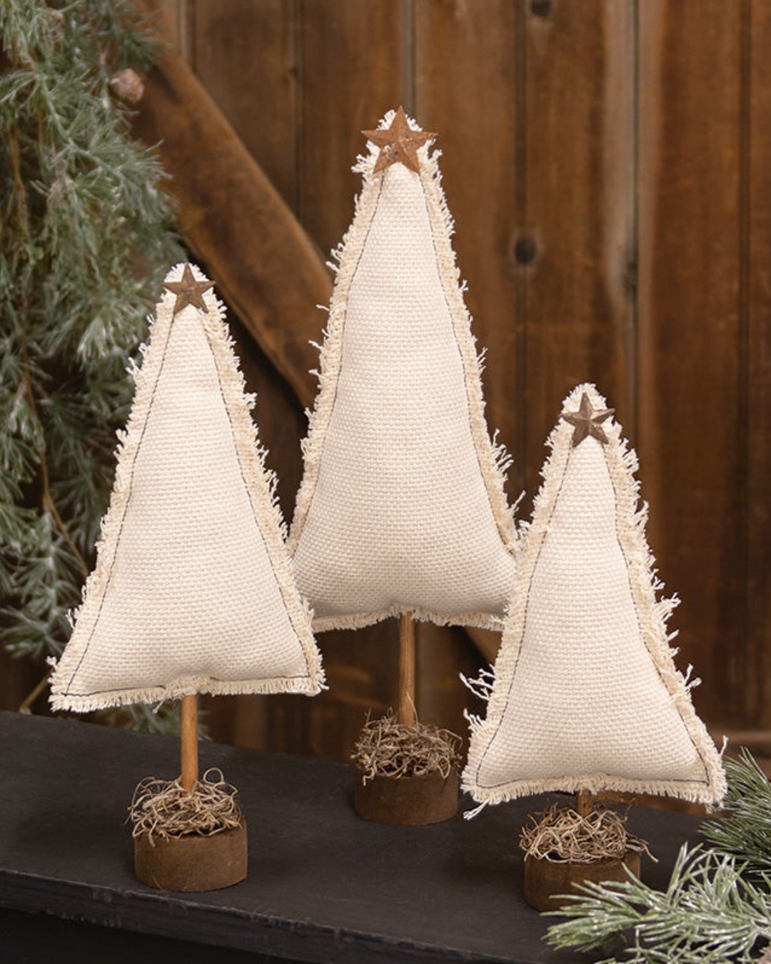 Fringed Stuffed Ivory Canvas Christmas Tree on Base, 14.5" - September Drop