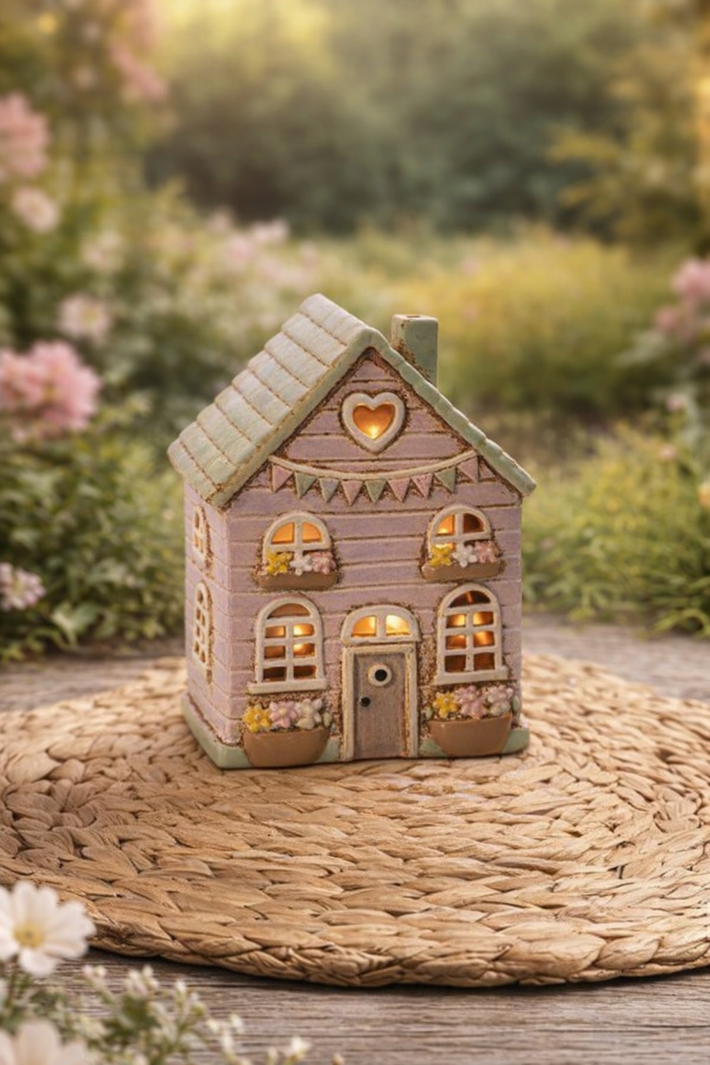 Cottage Garden Stoneware House Candle Holder with Bunting - Arriving in Store Mid-April