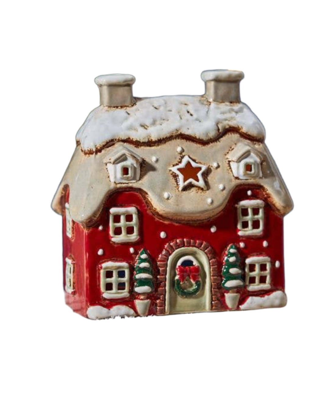 Xmas Cottage Tealight Holder Red Embossed Stoneware - Arriving in Store Late July