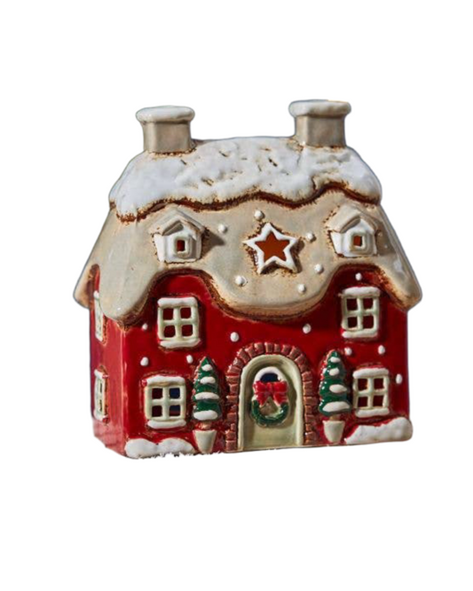 Xmas Cottage Tealight Holder Red Embossed Stoneware - Arriving in Store Late July