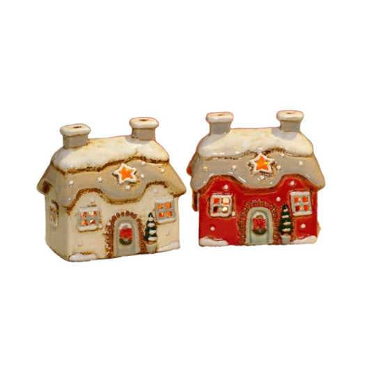 Xmas Cottage Tealight Holder Red Or White Stoneware - Arriving in Store July
