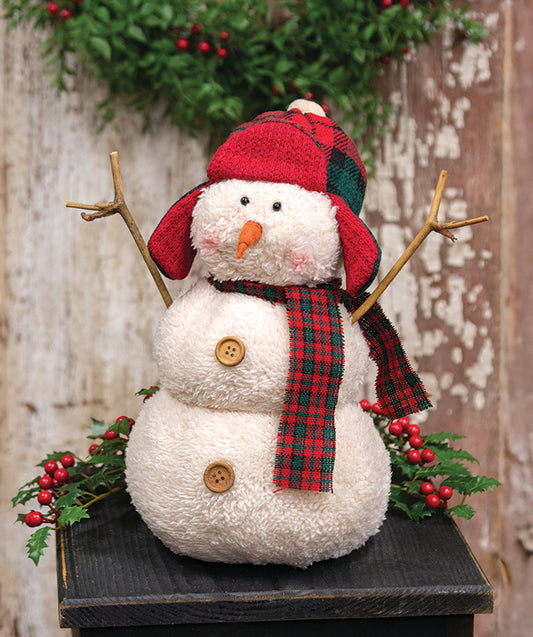 Stuffed Sherpa Snowman with Red & Green Plaid Hunting Hat & Scarf - September Drop