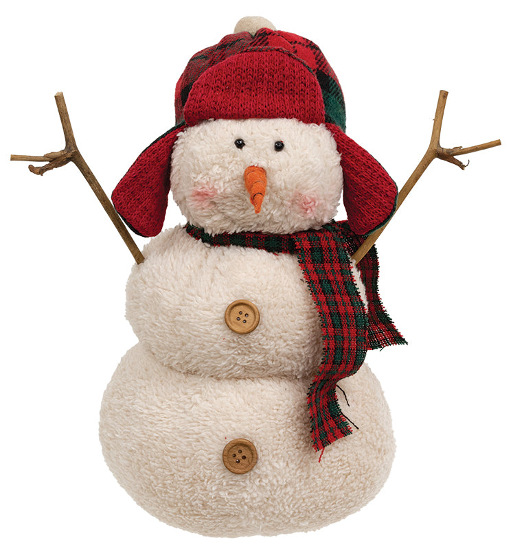 Stuffed Sherpa Snowman with Red & Green Plaid Hunting Hat & Scarf - September Drop