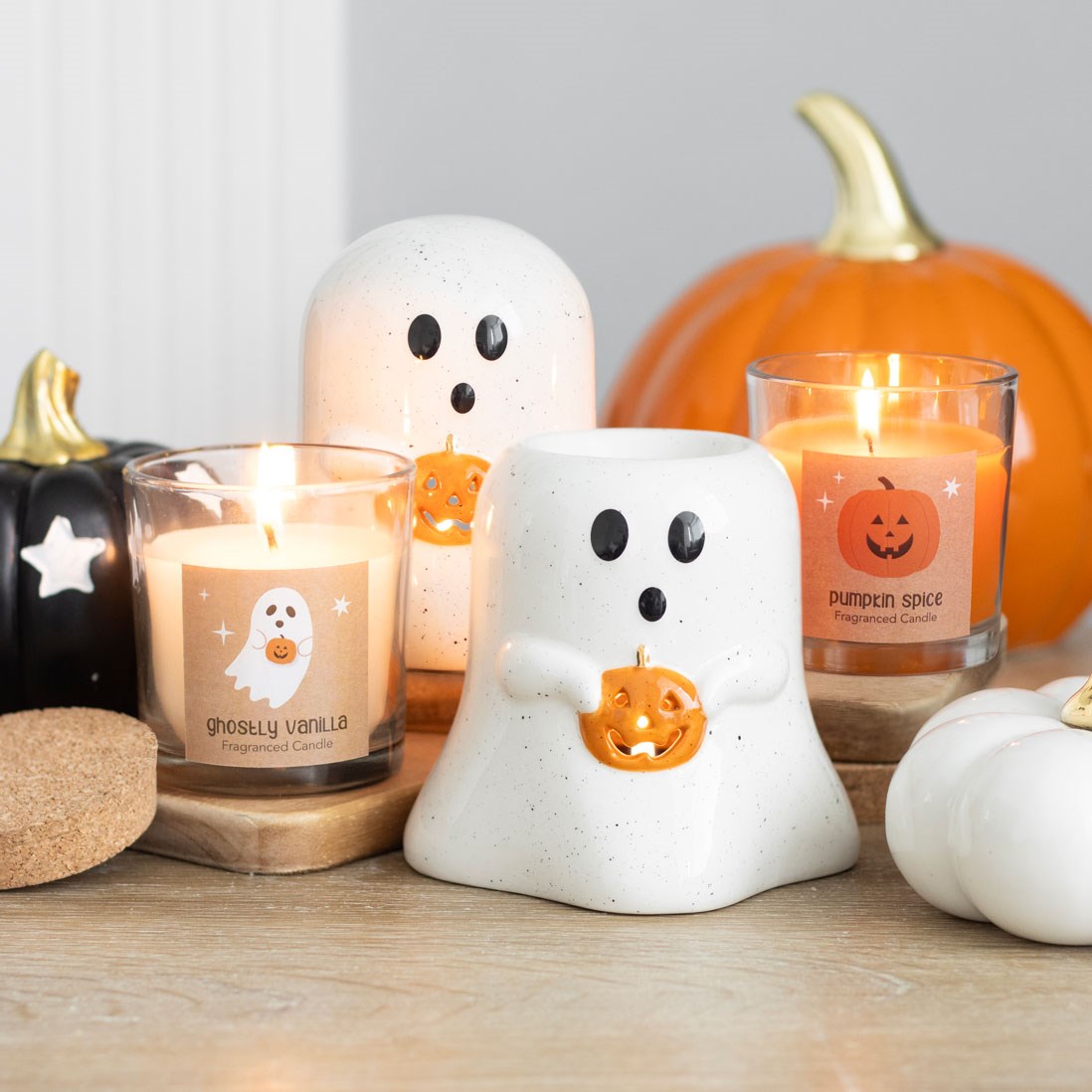 Ghost Shaped Ceramic Tealight Candle Holder With Pumpkin