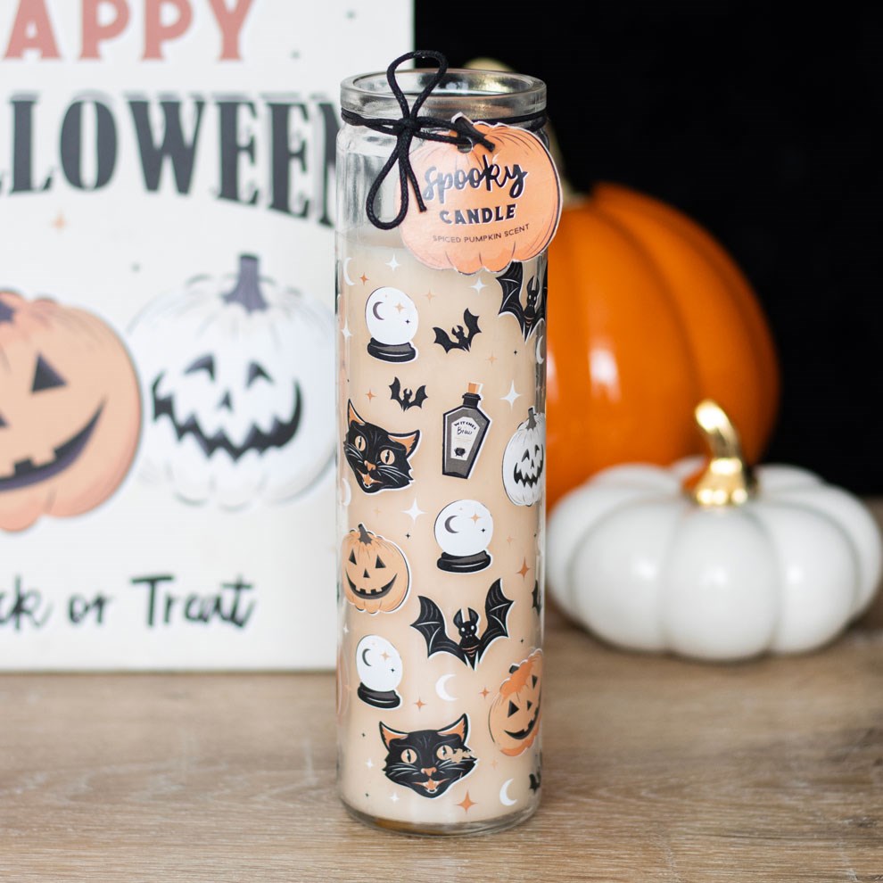 Spooky Cat And Pumpkin Print Spiced Pumpkin Glass Tube Candle