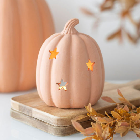 Neutral Terracotta Pumpkin Tealight Holder With Stars