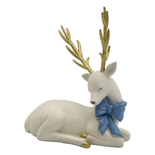 Sitting White Reindeer Blue Bow - October Drop