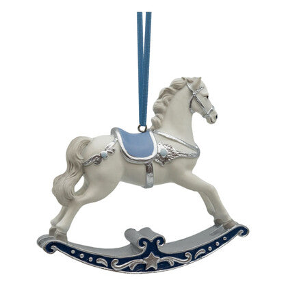Blue & White Rocking Horse Ornament - October Drop